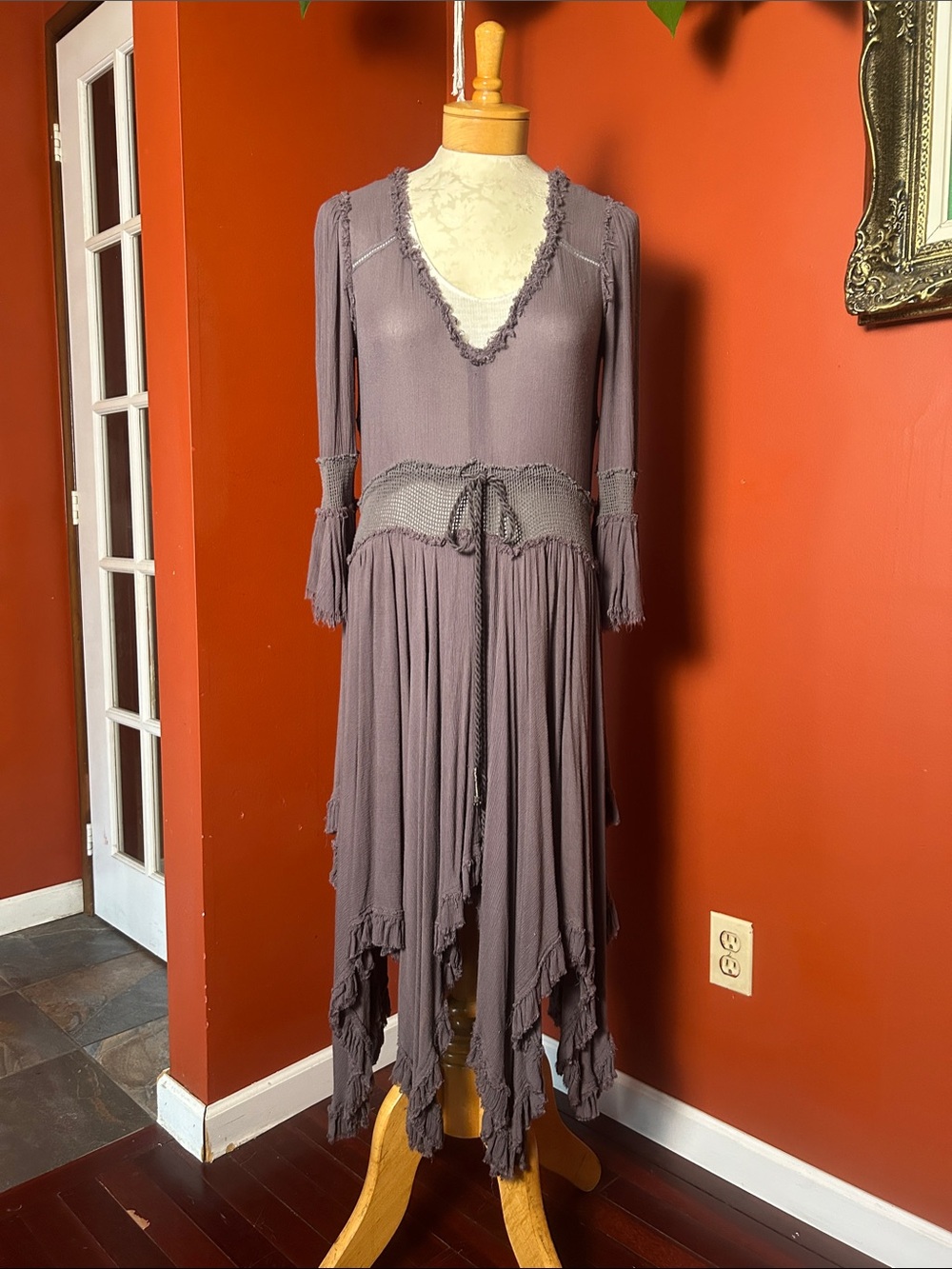 Free People Gray Ruffled Asymmetrical Crochet Fringe Dress